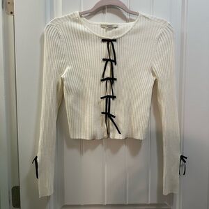 Kimchi Blue Cream Ribbed Crop Top with Black Ties